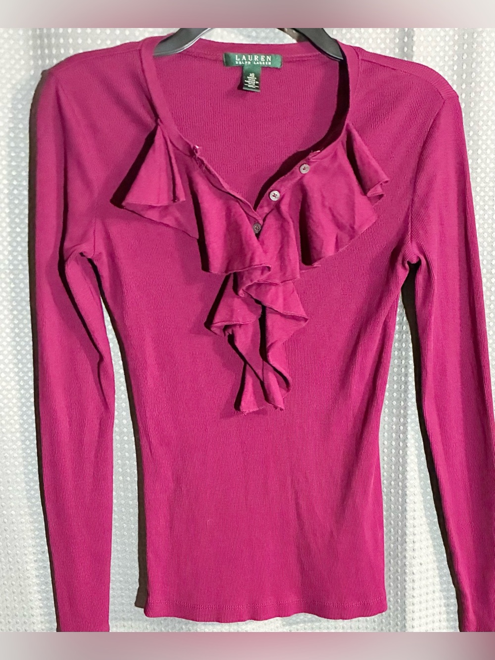 Lauren Ralph Lauren XS Magenta Ruffle-Front Long Sleeve Top Shirt Cotton 90s Y2K
